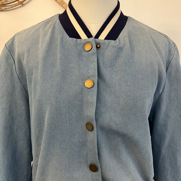 Dolan Denim Varsity Bomber DenimJacket Ruched Sleeve Cotton Vintagecore XS - Picture 10 of 10